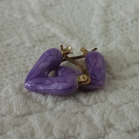 Purple Enamel Heart Hoop Earrings Cute Small Artsy Colorful Love Fun Gold Petite - Picture 3 of 7